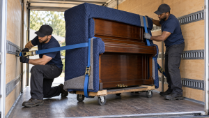 Helfer sichern ein Klavier mit Decken und Gurten im Transporter