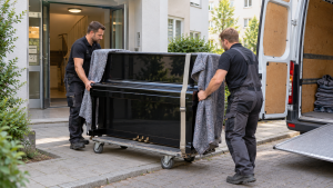 Zwei Helfer transportieren ein Klavier zum Möbeltaxi in Dortmund