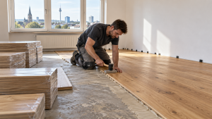 Handwerker verlegt neues Eichenparkett in einer Dortmunder Wohnung
