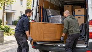 Zwei Helfer laden Möbel für die Einlagerung in einen Transporter des Möbeltaxis
