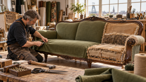 Polsterer bezieht ein altes Sofa in einer Dortmunder Werkstatt neu