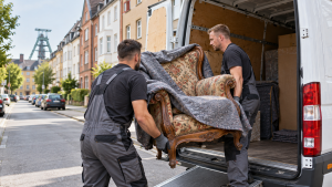 Möbeltaxi Dortmund lädt einen alten Polstersessel in den Transporter