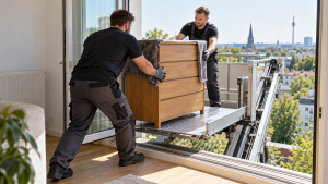 Helfer laden eine Kommode aus dem Zimmer auf einen Möbellift in Dortmund
