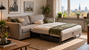 Ausgeklappte Schlafcouch in einem Dortmunder Wohnzimmer