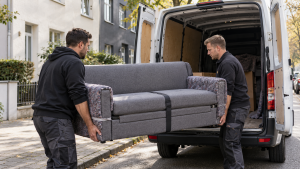 Möbeltaxi Dortmund lädt eine Schlafcouch in den Kleintransporter