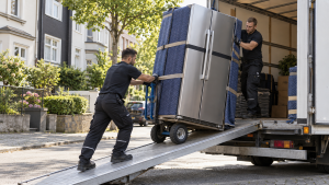 Möbeltaxi transportiert einen Side-by-Side-Kühlschrank