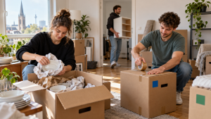 Umzugshelfer packen Geschirr und Umzugskartons