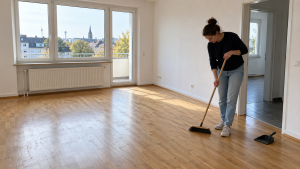 Leergeräumte Wohnung wird vor der Übergabe gefegt